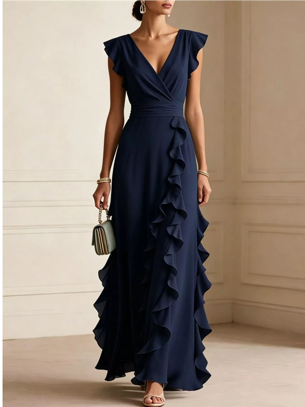 Navy sleeveless maxi dress with high waist, ruffled layered skirt and V-neck wrap bodice