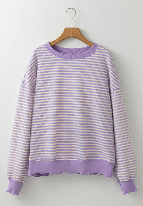 Lavender and white striped long-sleeve sweatshirt hanging, ribbed round neck