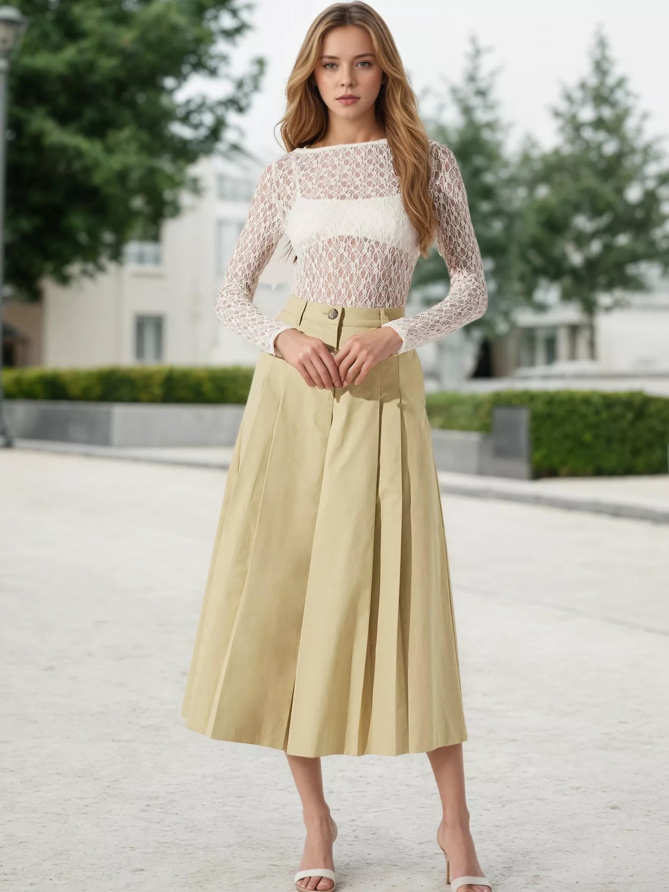Khaki high-waisted pleated wide-leg cropped pants with front pleats and button closure