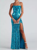 Turquoise sequin bodycon evening dress with square neckline and front slit
