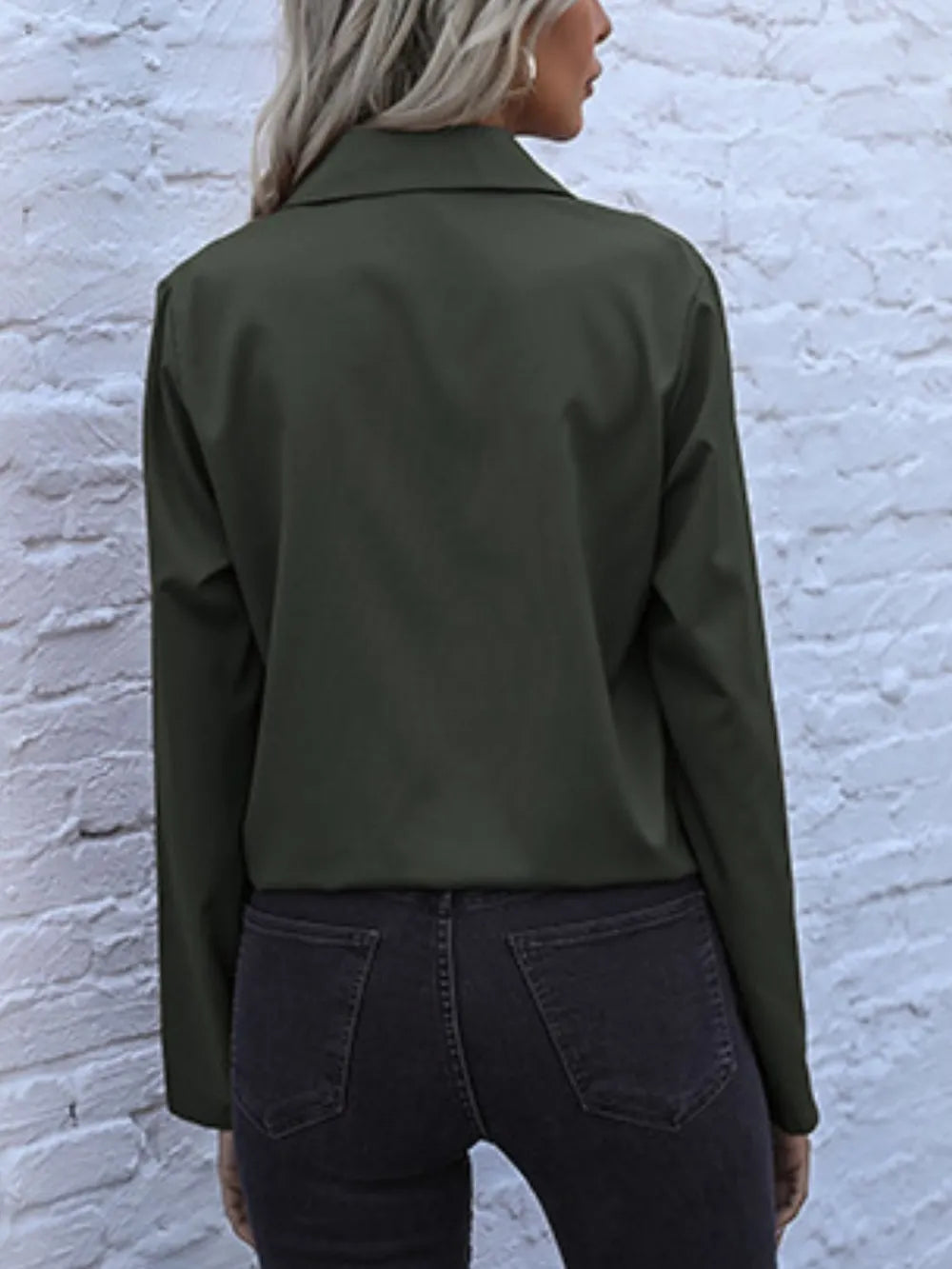 Olive long-sleeve button down shirt with tied hem, back view