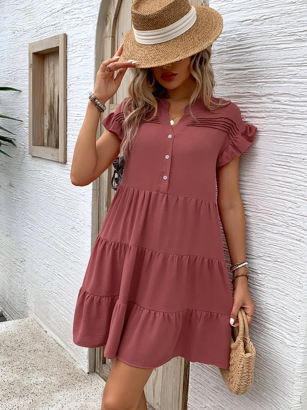 Perfee tiered notched flounce sleeves mini dress in dusty rose with button-front and ruched bodice