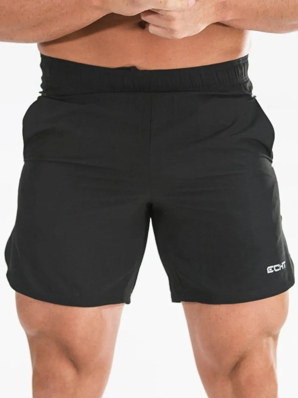 Men's plus-size quick-dry shorts with pockets, black, front view, drawstring detail