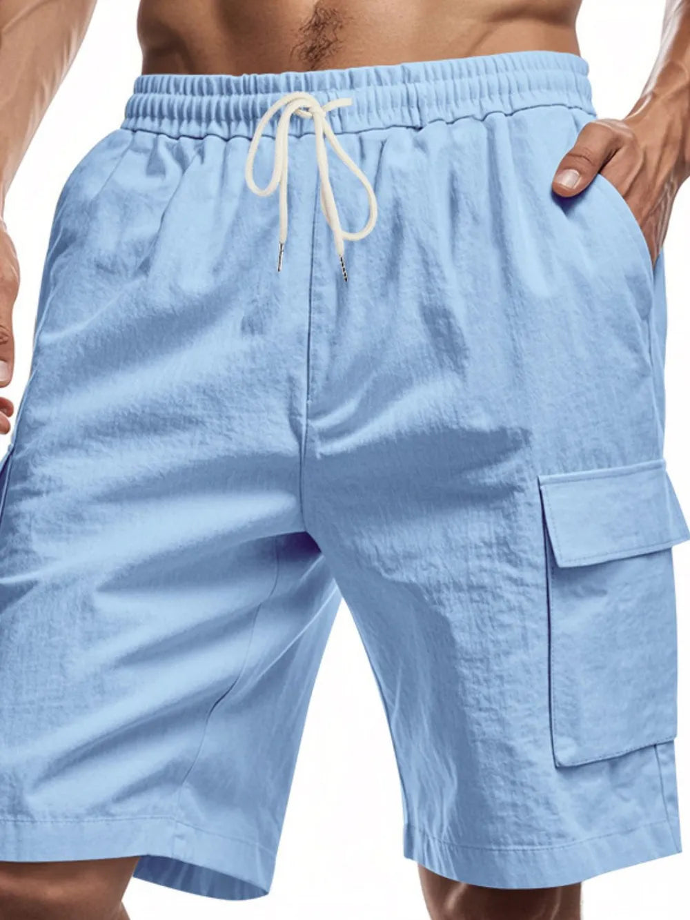 Men's light blue drawstring cargo shorts with elastic waistband and side pocket