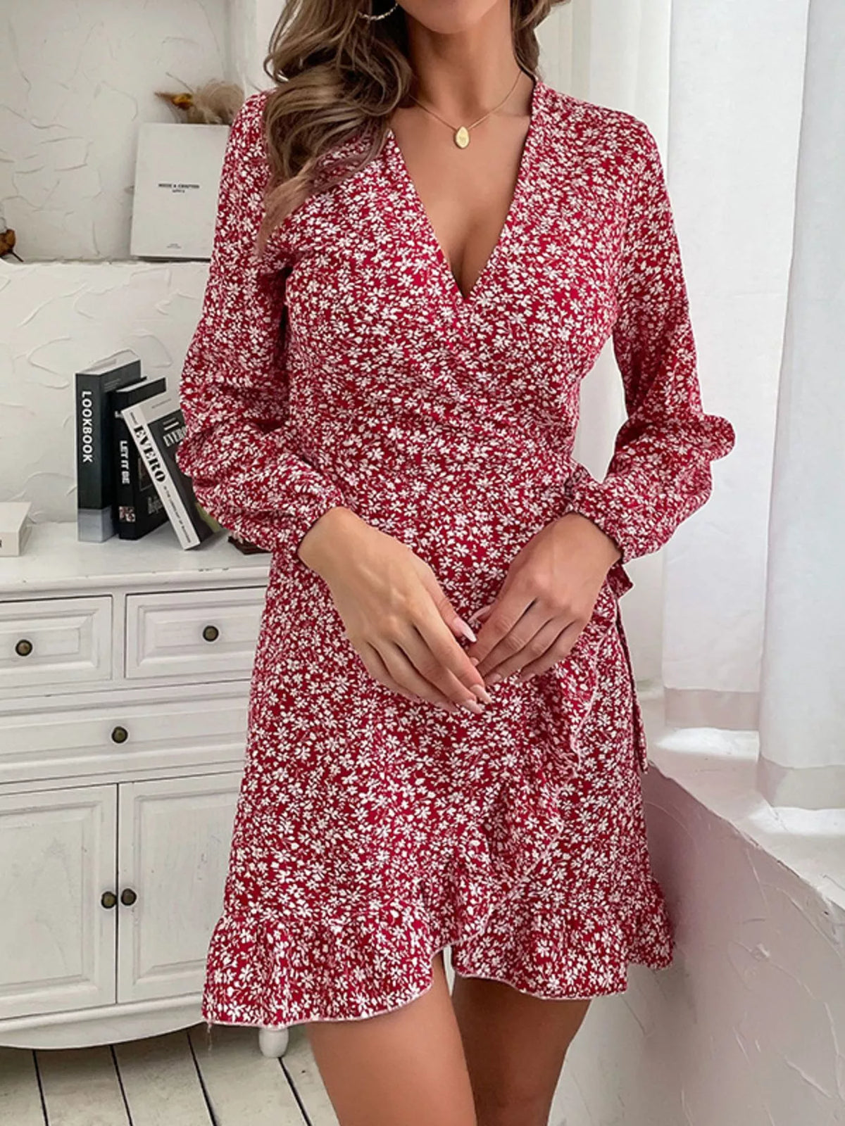 floral wrap dress mini Cara Red Floral Short Wrap Dress - B Corp