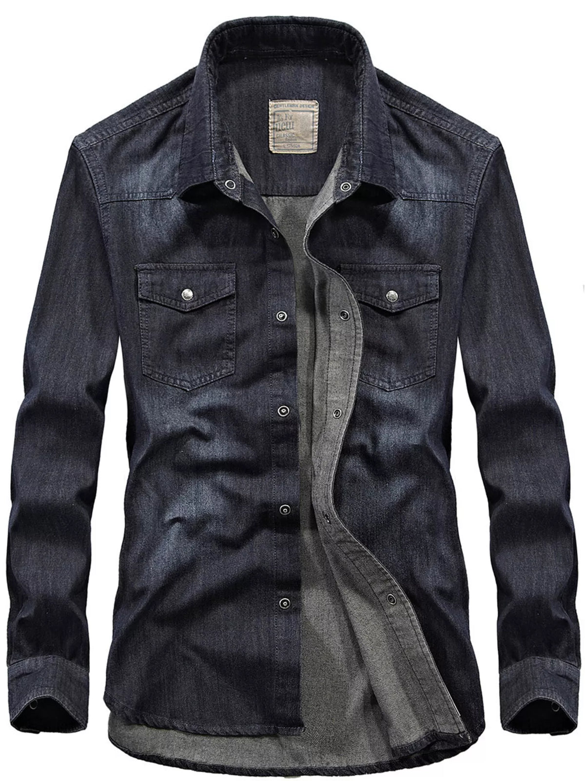 Men's washed denim shirt with two chest pockets, button-up front, dark blue