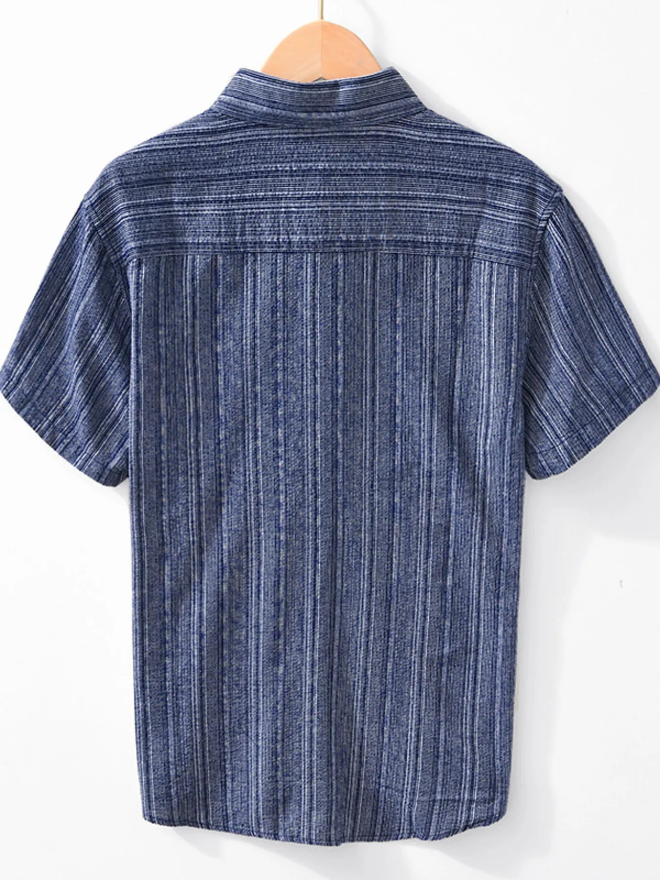 Striped collared short-sleeve shirt in dark blue, back view