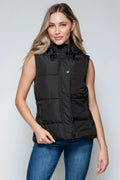 Black zip-front hooded puffer vest with drawstring and front snap closures