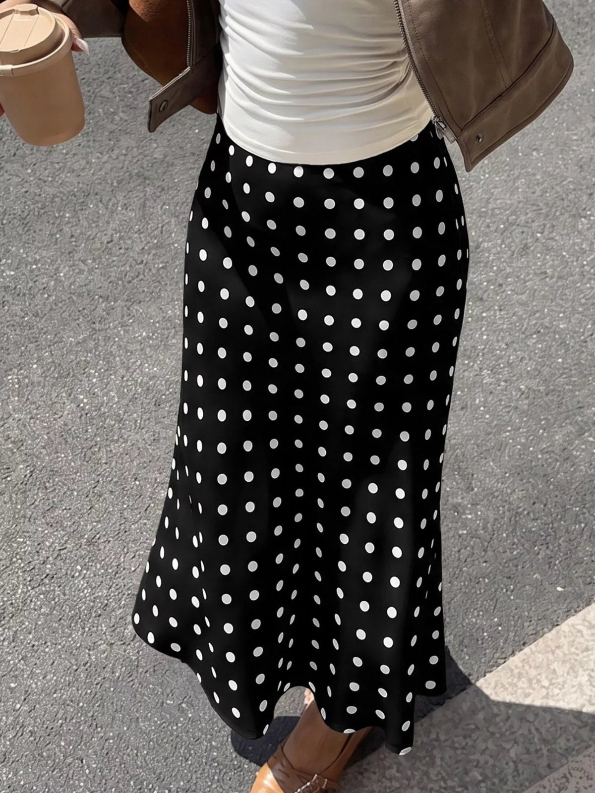 Black stretch midi skirt with white polka dots, A-line drape