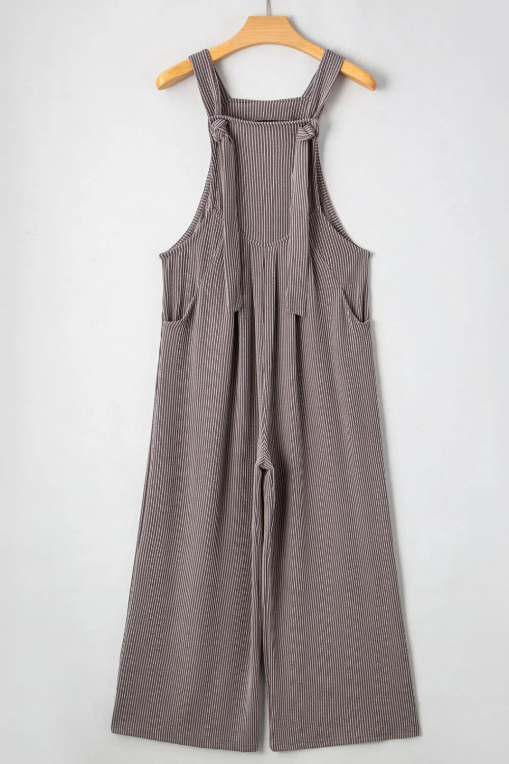 Wide-leg loose overalls with adjustable corded straps, dark pinstripe fabric