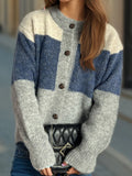 Color-block button-up cardigan in blue and heather gray, round neck, long sleeves