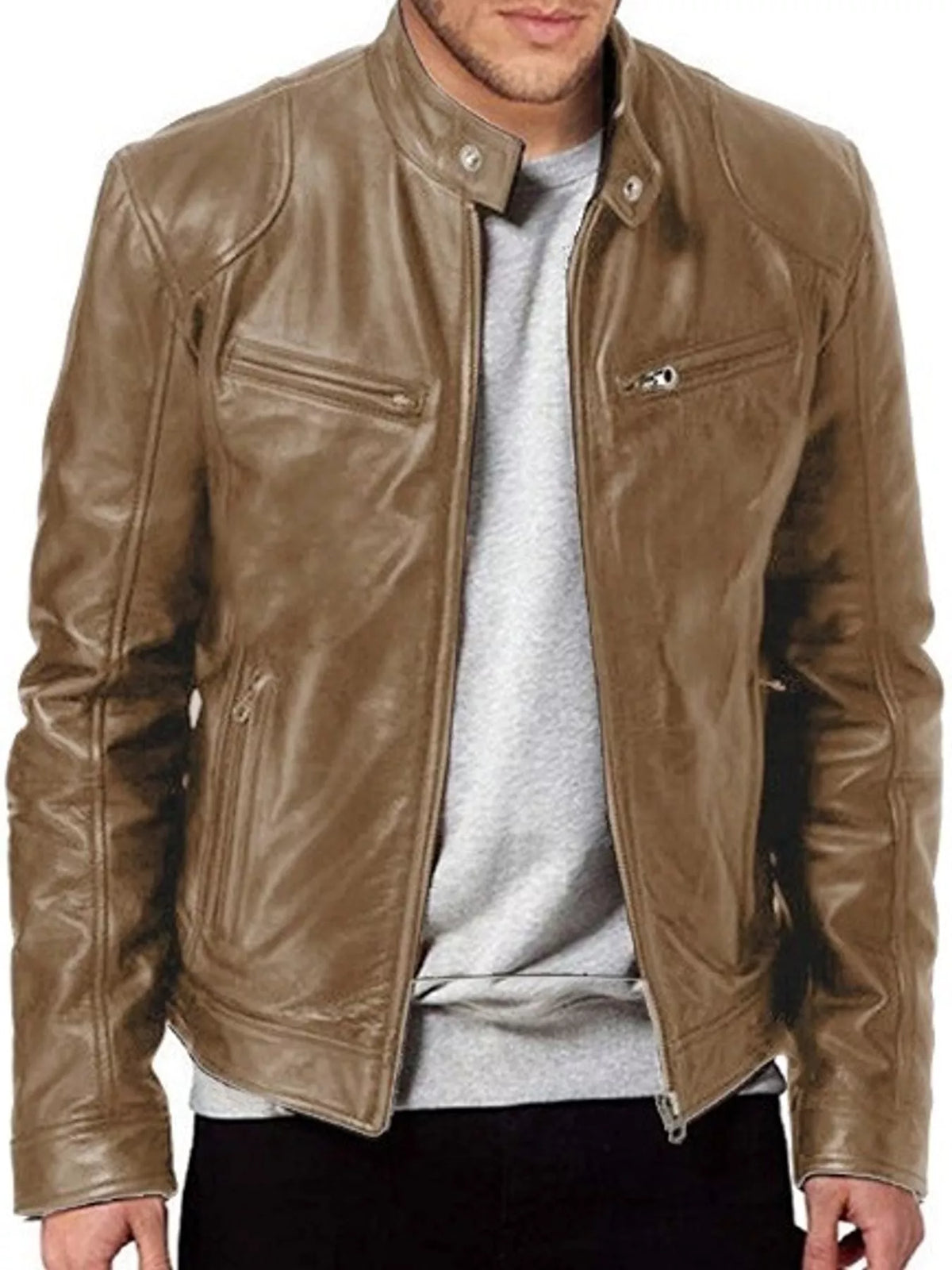 Men's zip-up vegan leather jacket in tan-brown with stand collar and zip front pockets