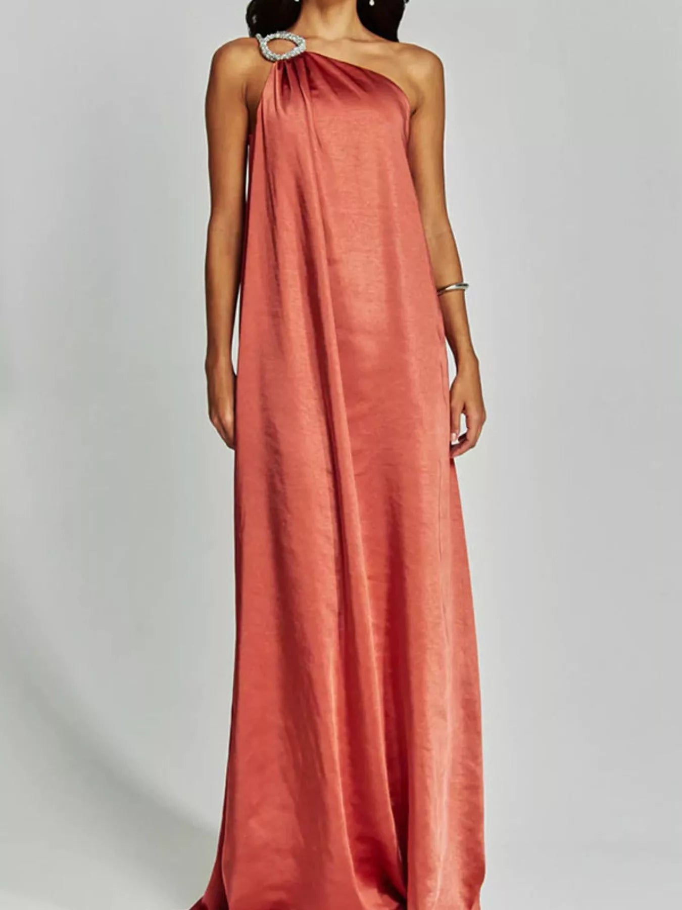 Cedar & Moore One-Shoulder Rhinestone Satin Maxi Dress in coral by Trendsi.