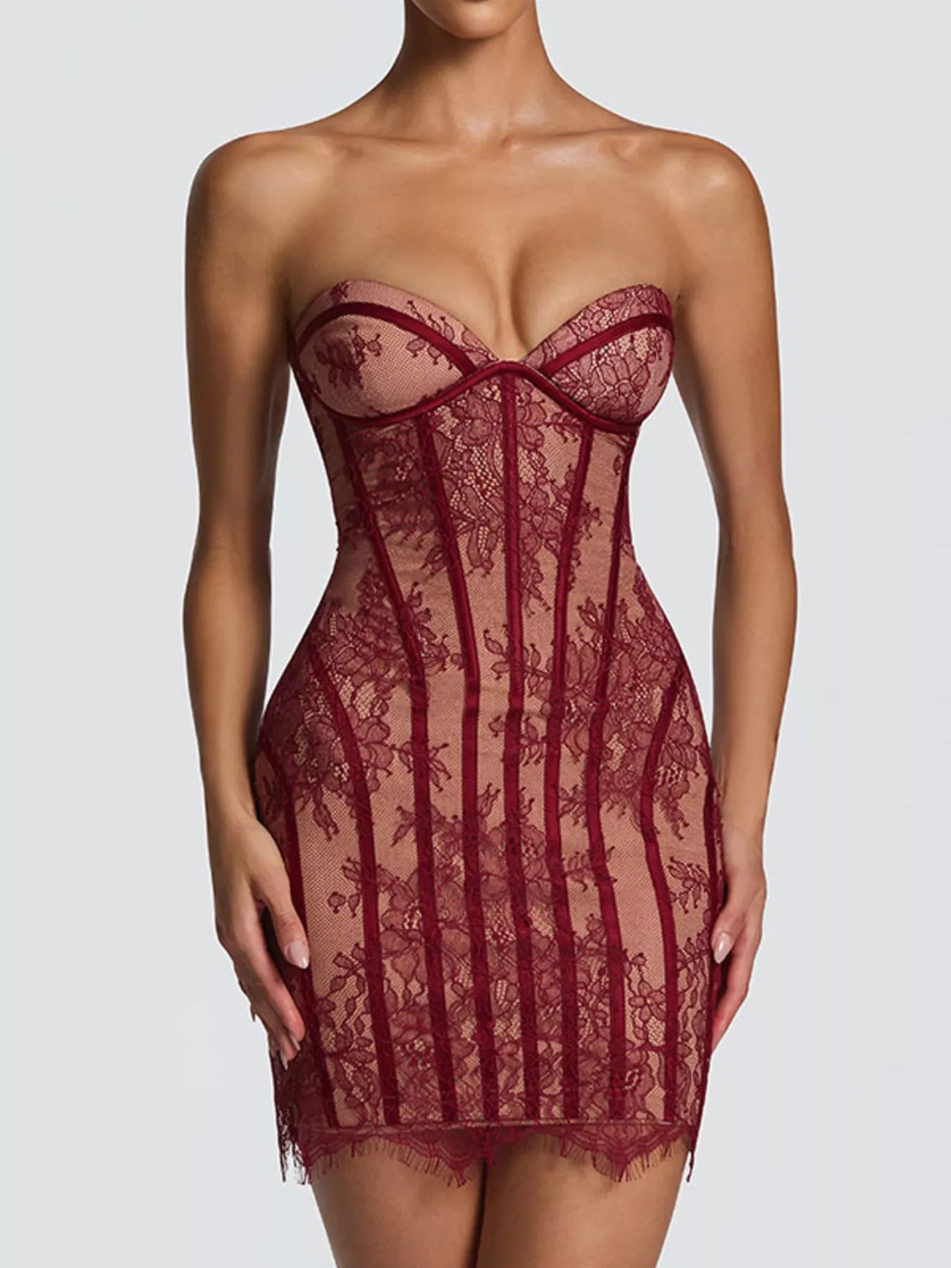 Cedar & Moore Lace Detail Tube Mini Dress, burgundy lace, strapless