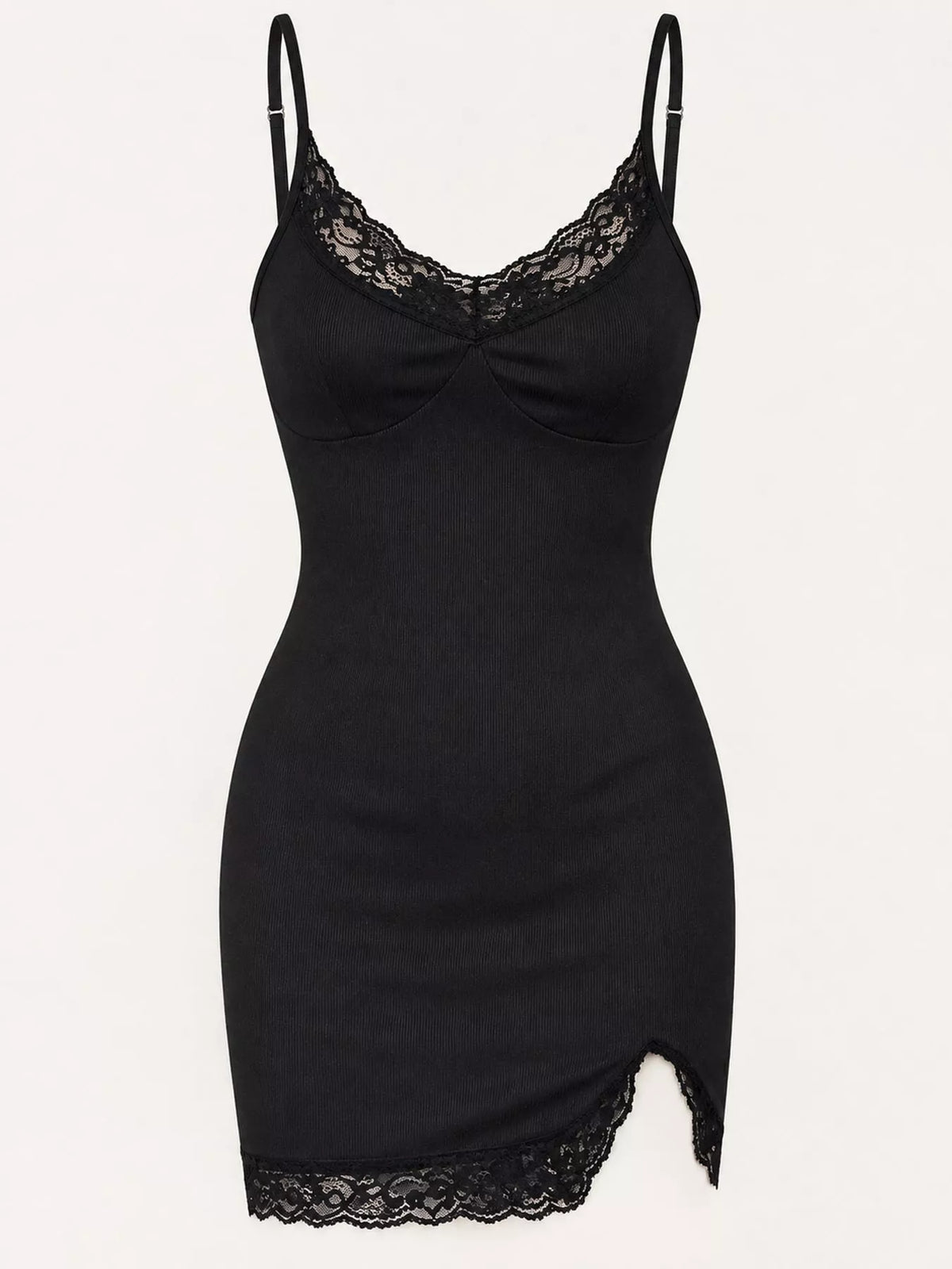 Black spaghetti strap mini dress with lace neckline and scalloped lace hem