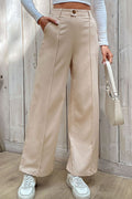 Beige wide-leg center-seam pants, high waist with belt loops and button front