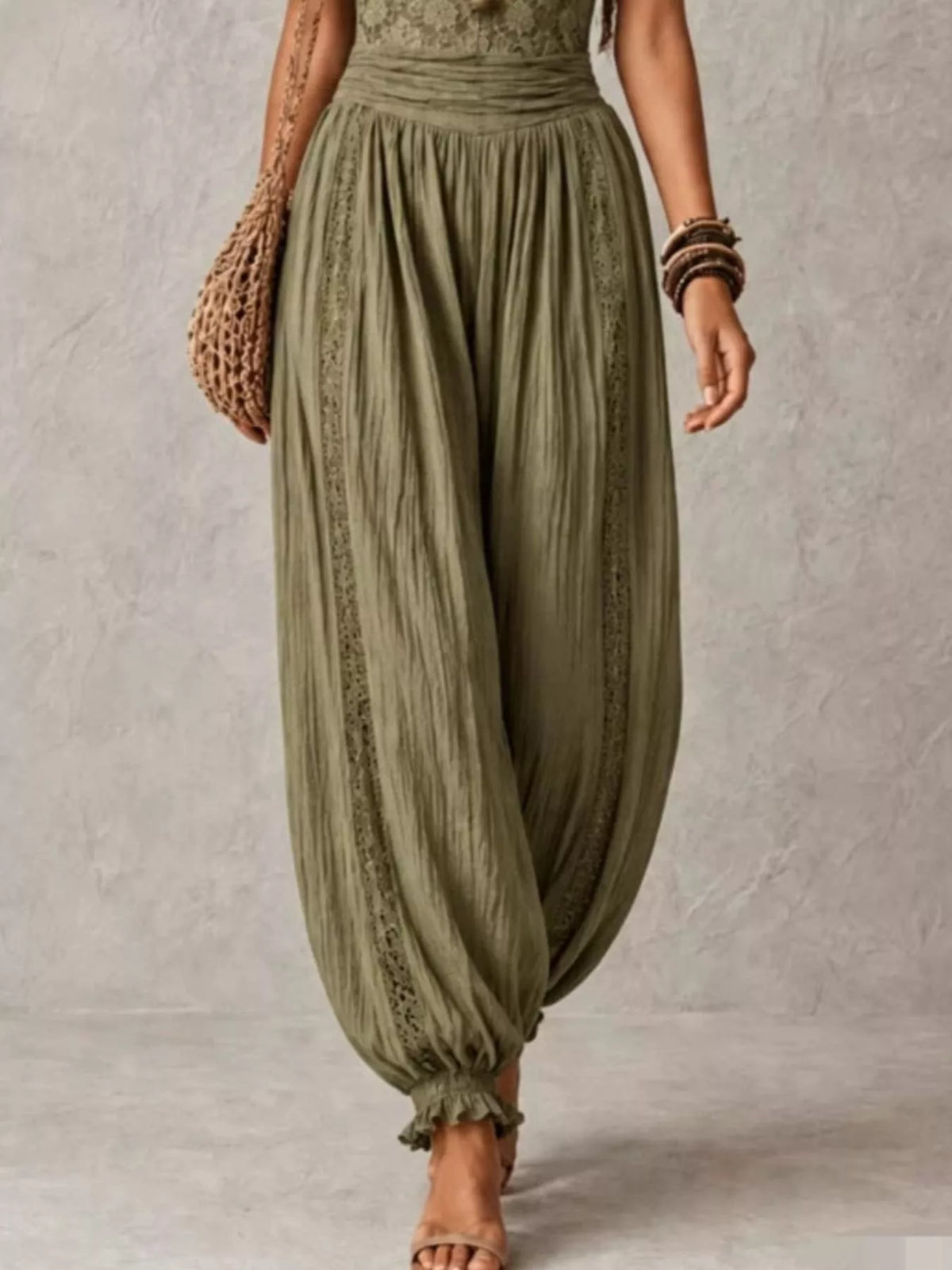 Lace corset jumpsuit with harem pants, olive green gathered harem pant legs