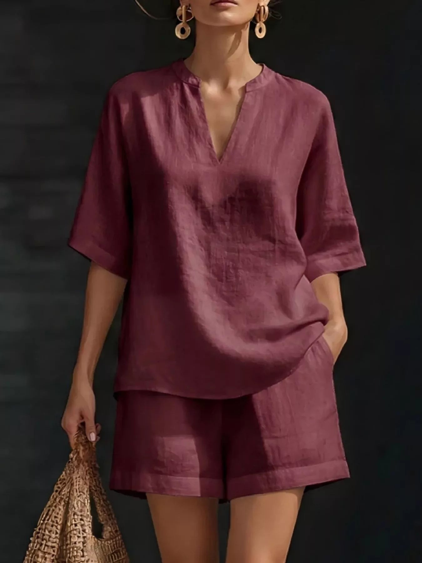 Plus size burgundy half-sleeve V-neck top and matching short shorts set