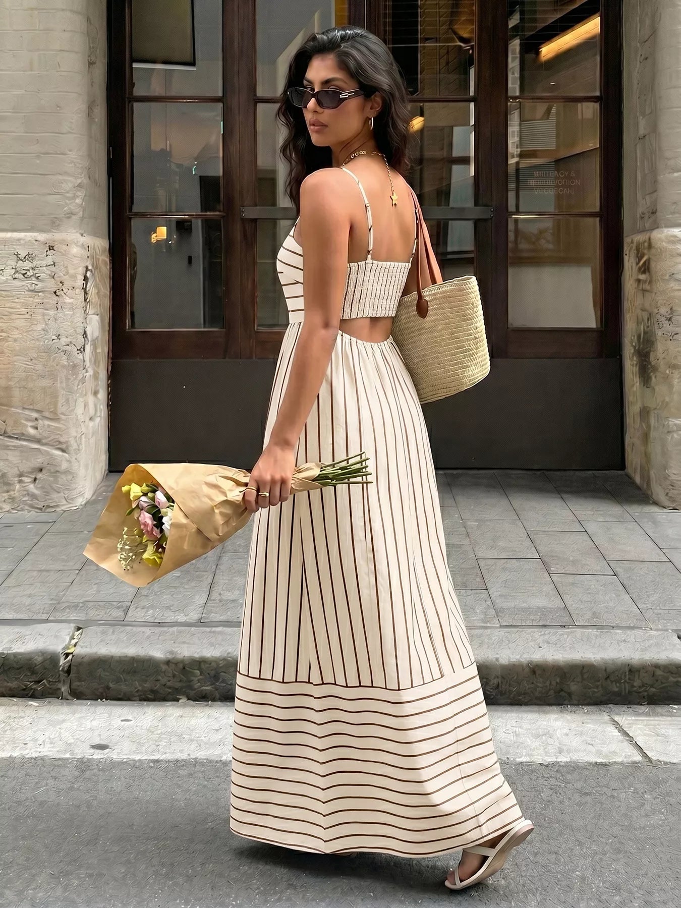 Cedar & Moore Striped Print Spaghetti Strap Maxi Dress in beige with vertical brown stripes