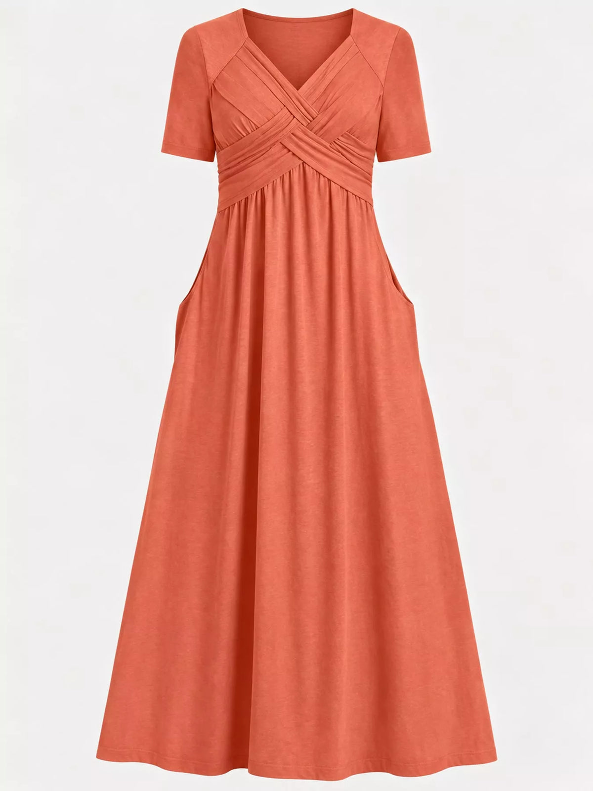 Coral crisscross high-waist midi dress with short sleeves and V-neck