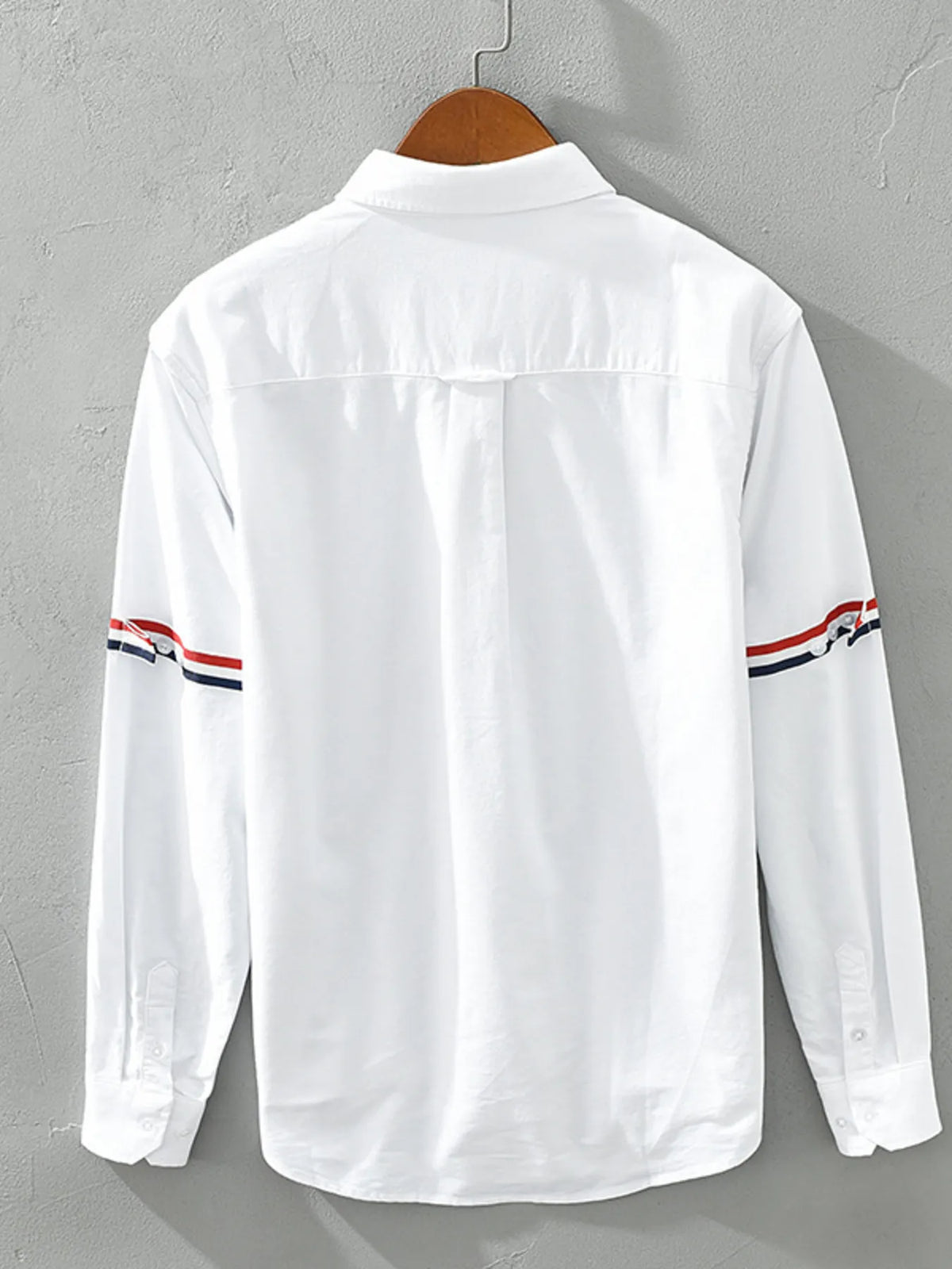 Men's classic long sleeve button-up shirt in white, back view with striped sleeve cuffs