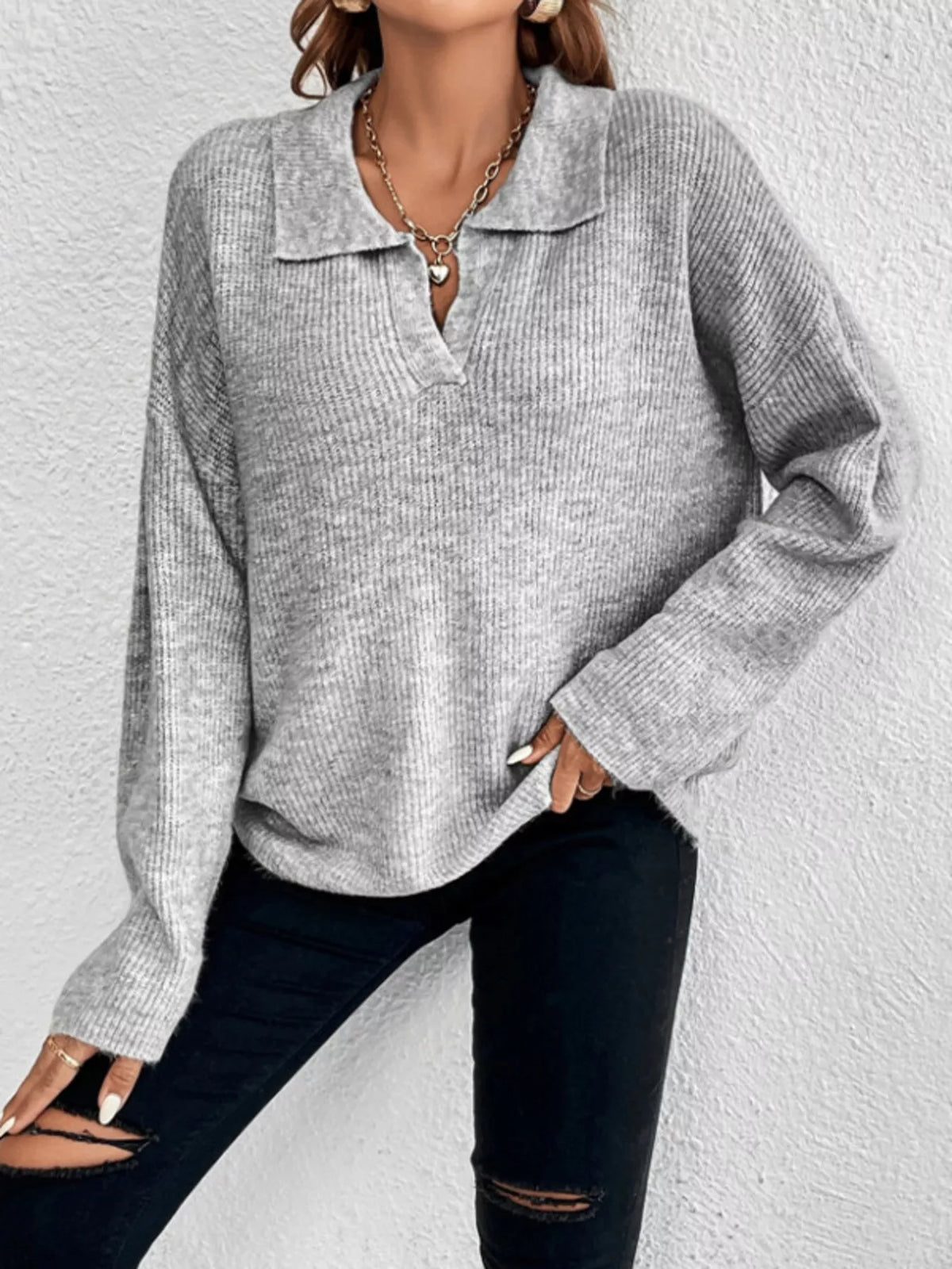 Gray ribbed-knit dropped-shoulder sweater with collared V-neck and long sleeves