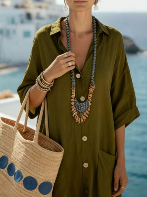 Olive button-front maxi dress, open collar, front buttons, and patch pocket