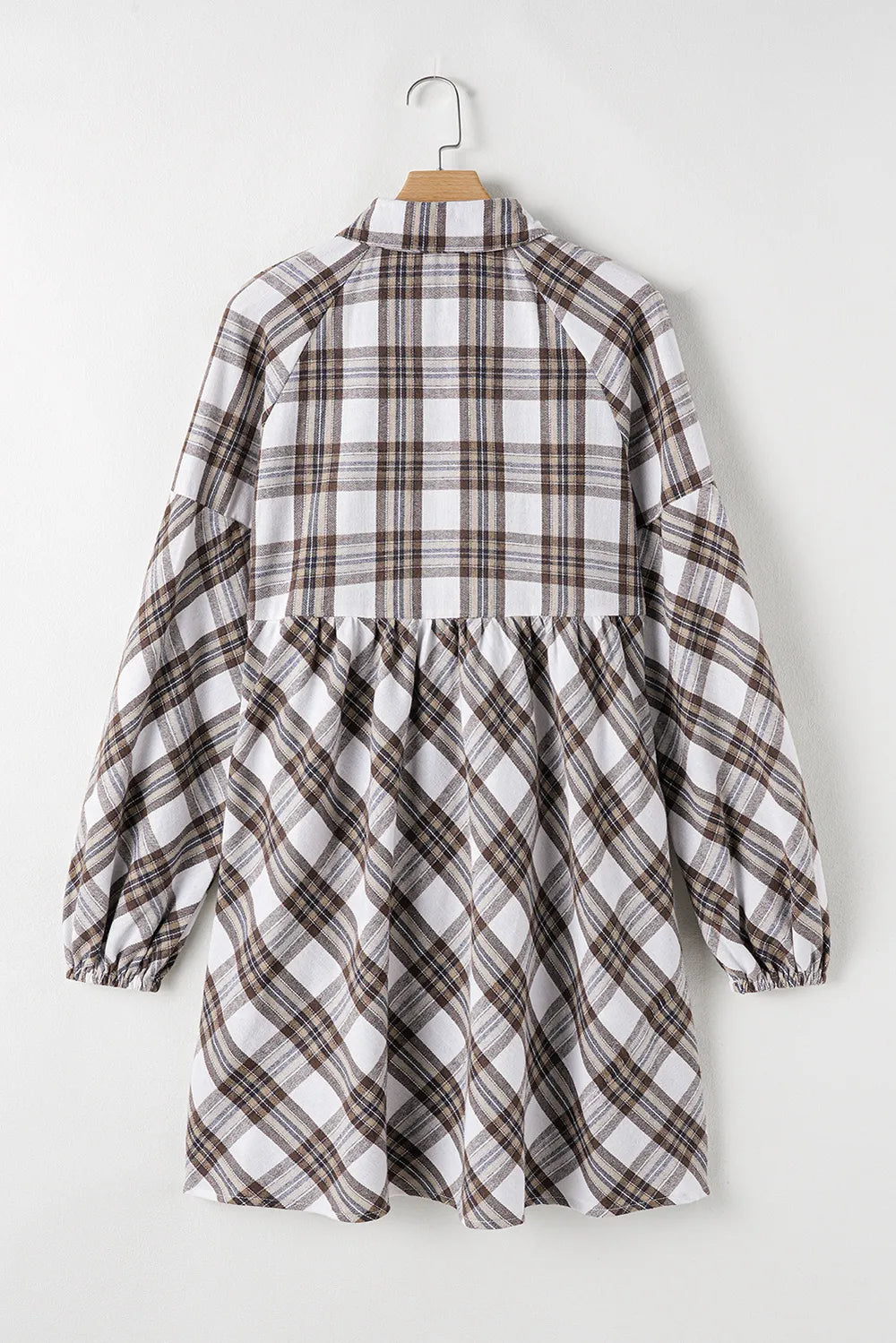 Plaid mini shirt dress back view on hanger with gathered waist and long balloon sleeves