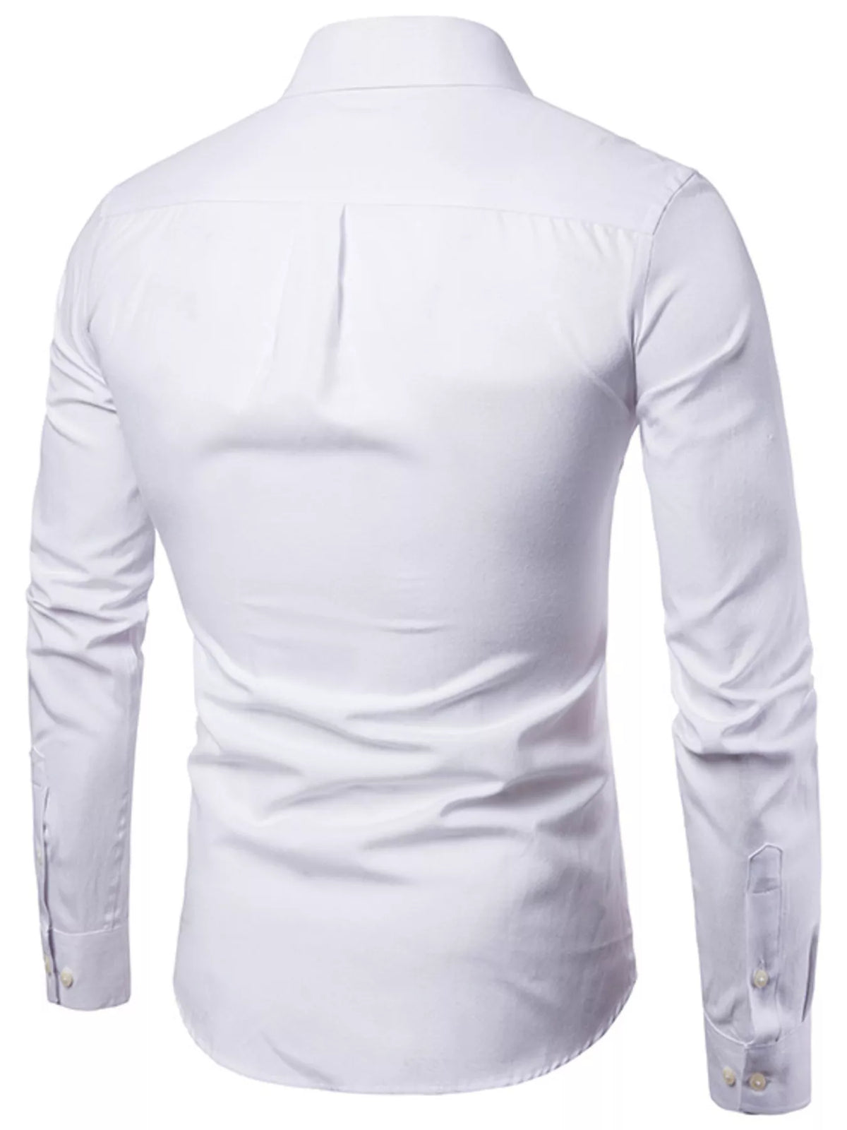 Men's slim fit long-sleeve stretch shirt, white back view with button placket