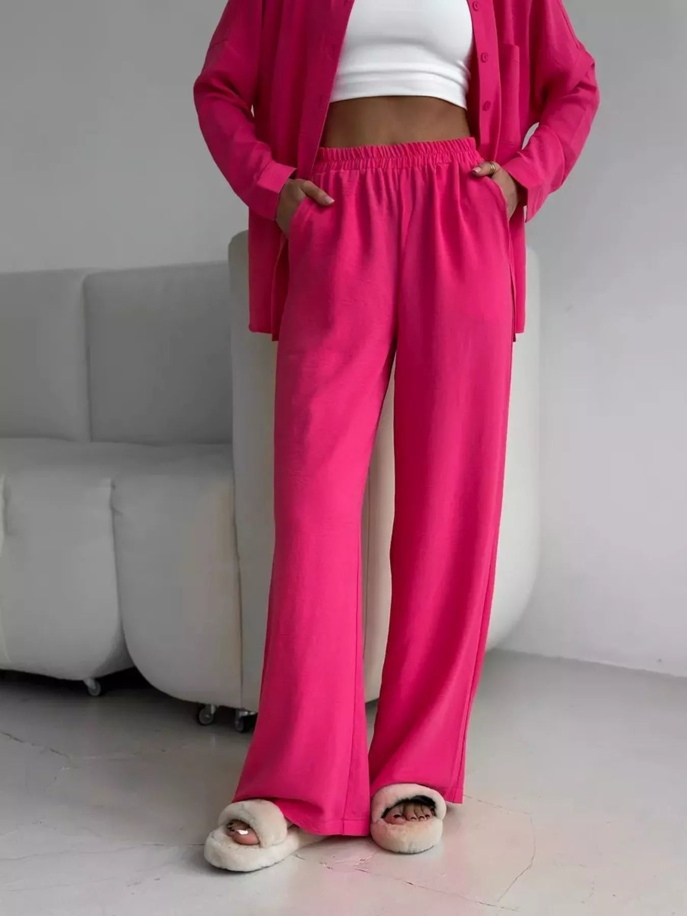 Hot pink wide-leg pants set, elastic waist with relaxed-fit button shirt