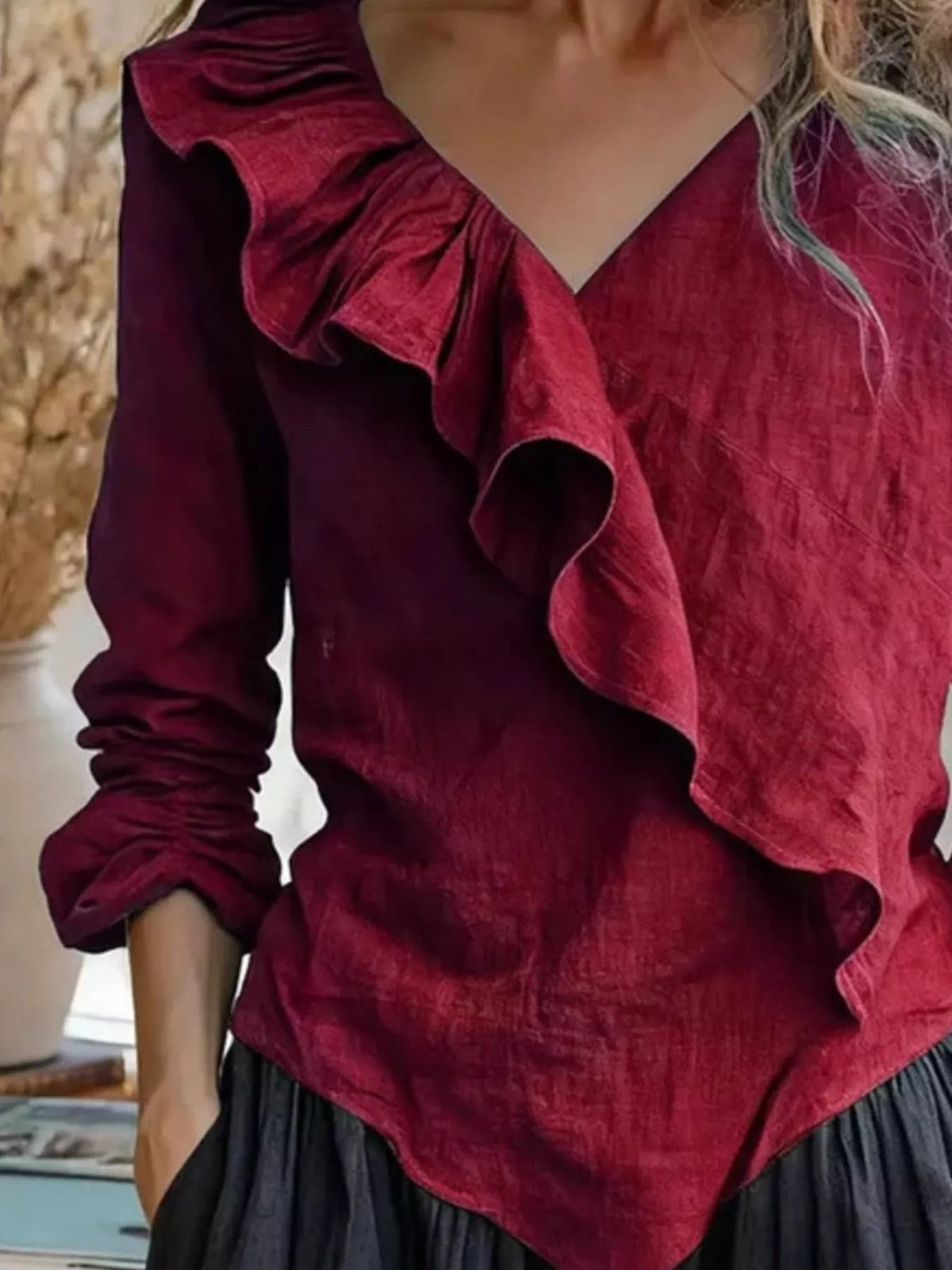 Burgundy ruffled V-neck long-sleeve blouse, asymmetric layered ruffle on front