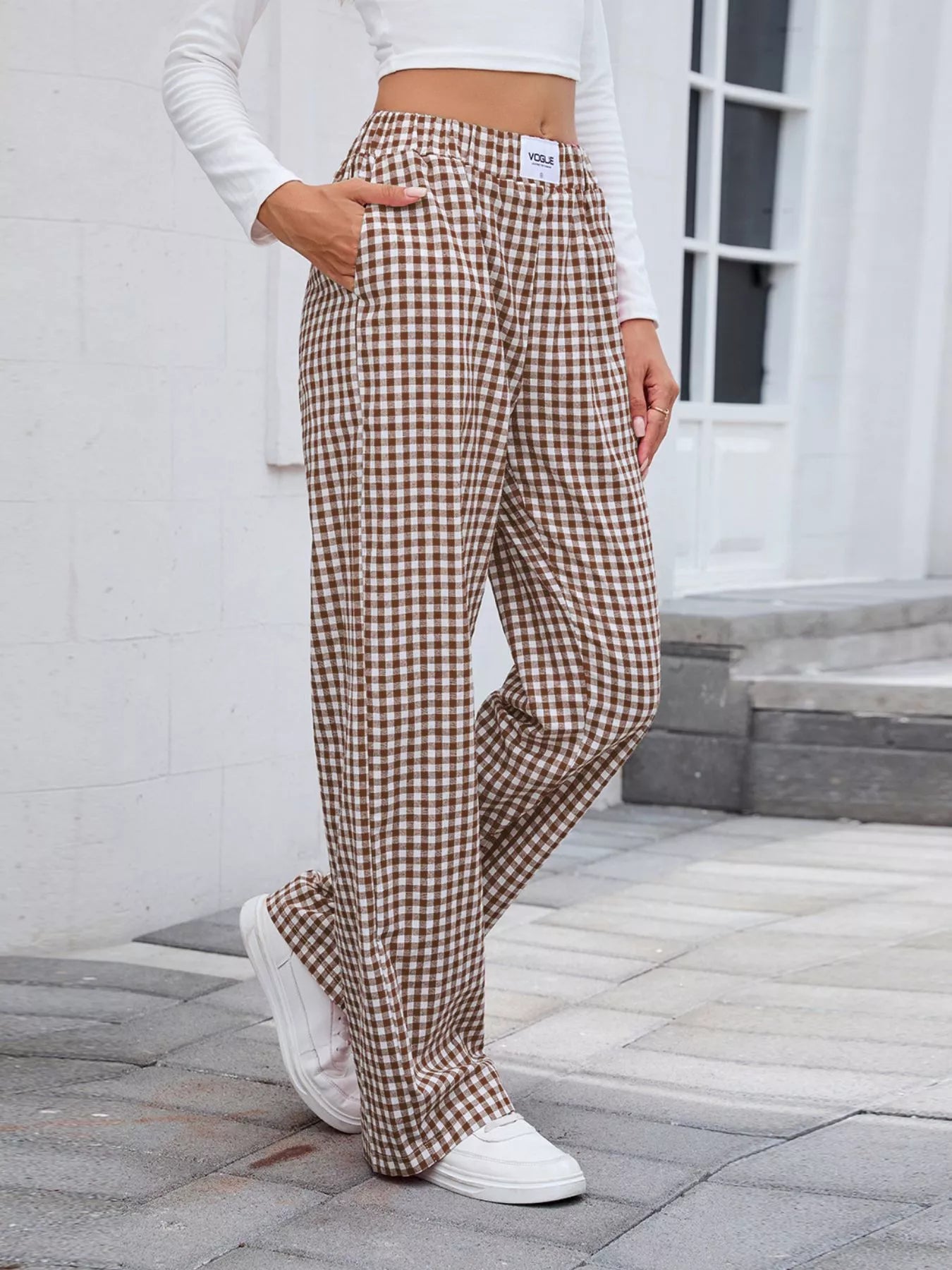 Plaid wide-leg casual pants in brown and cream, side view with drapey wide legs.