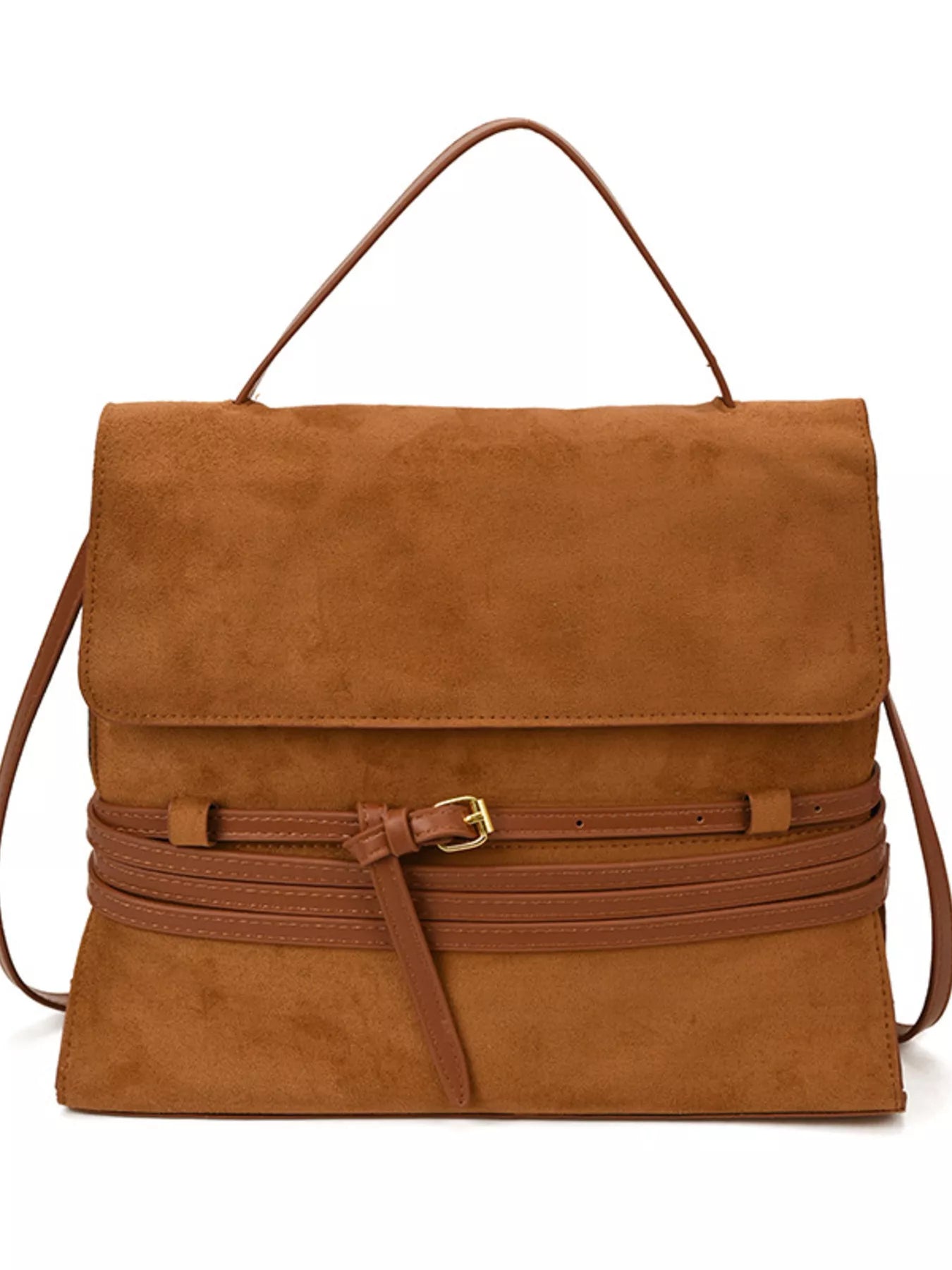 Cedar & Moore Suede leather backpack bag, tan color with belt decor and gold buckle, medium size