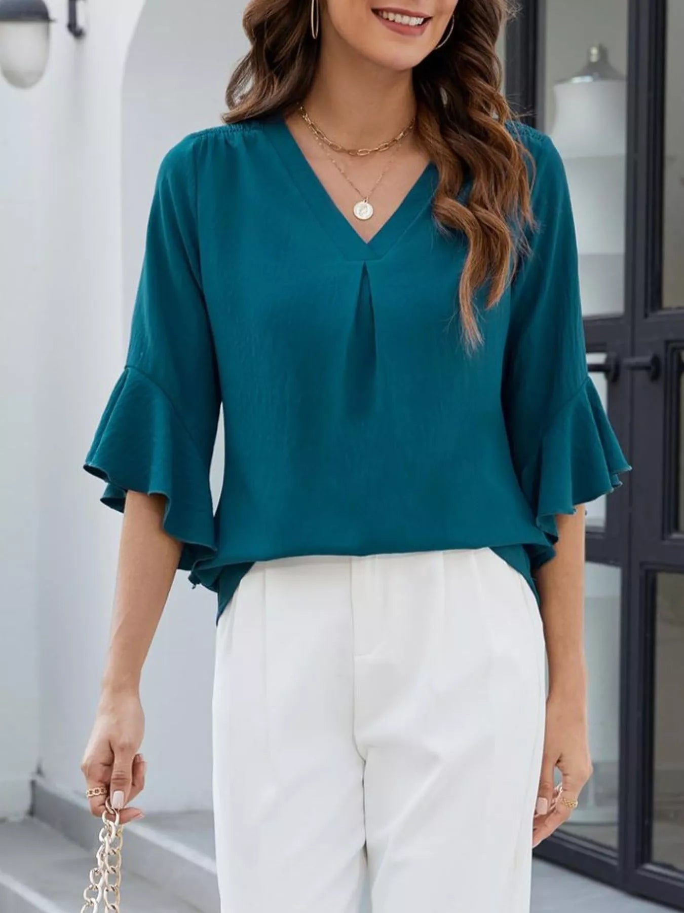 V-Neck Ruffle Sleeve Blouse teal by Trendsi with ruffle sleeves
