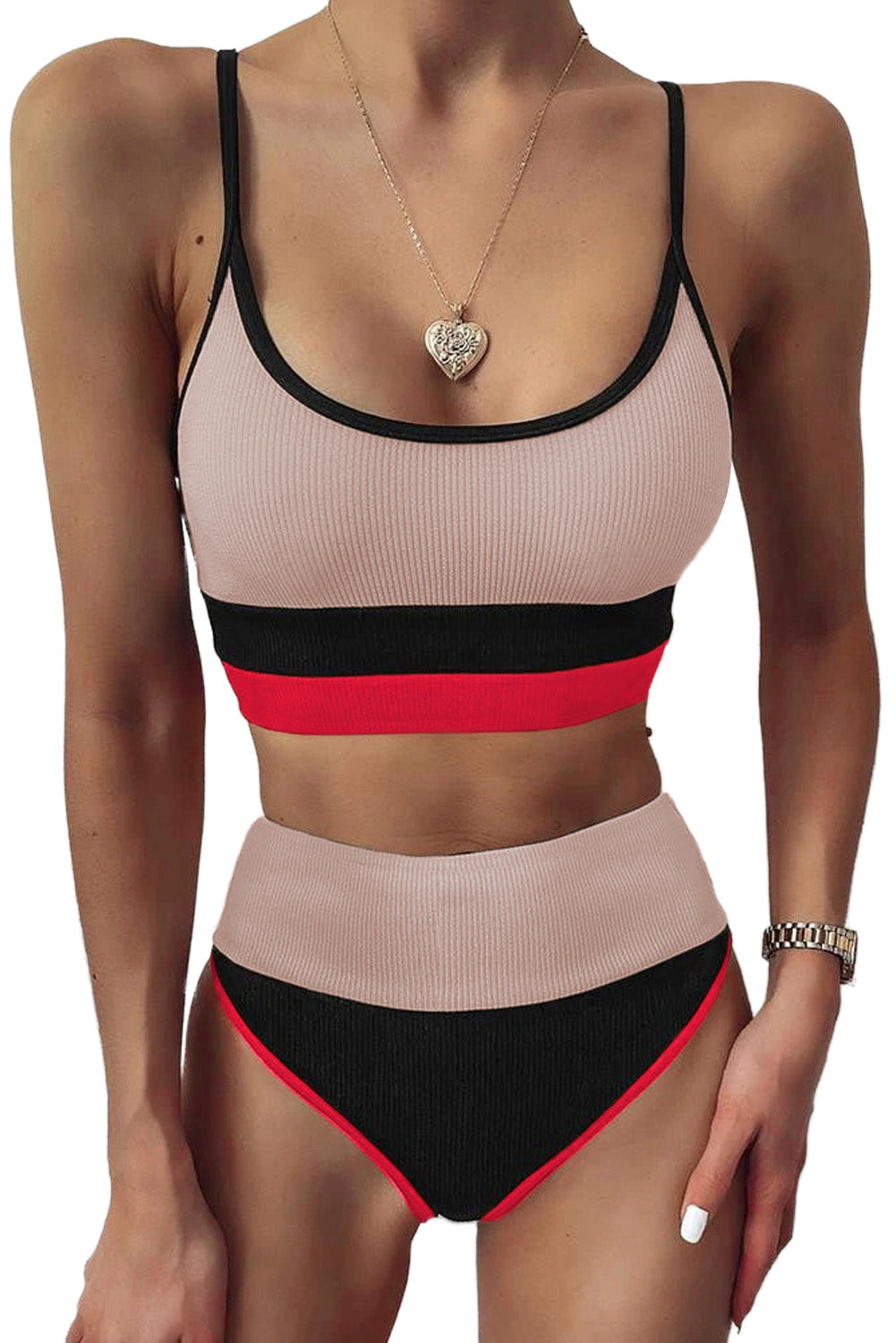 Color block two-piece swim set with blush ribbed top, black trim, red center band briefs