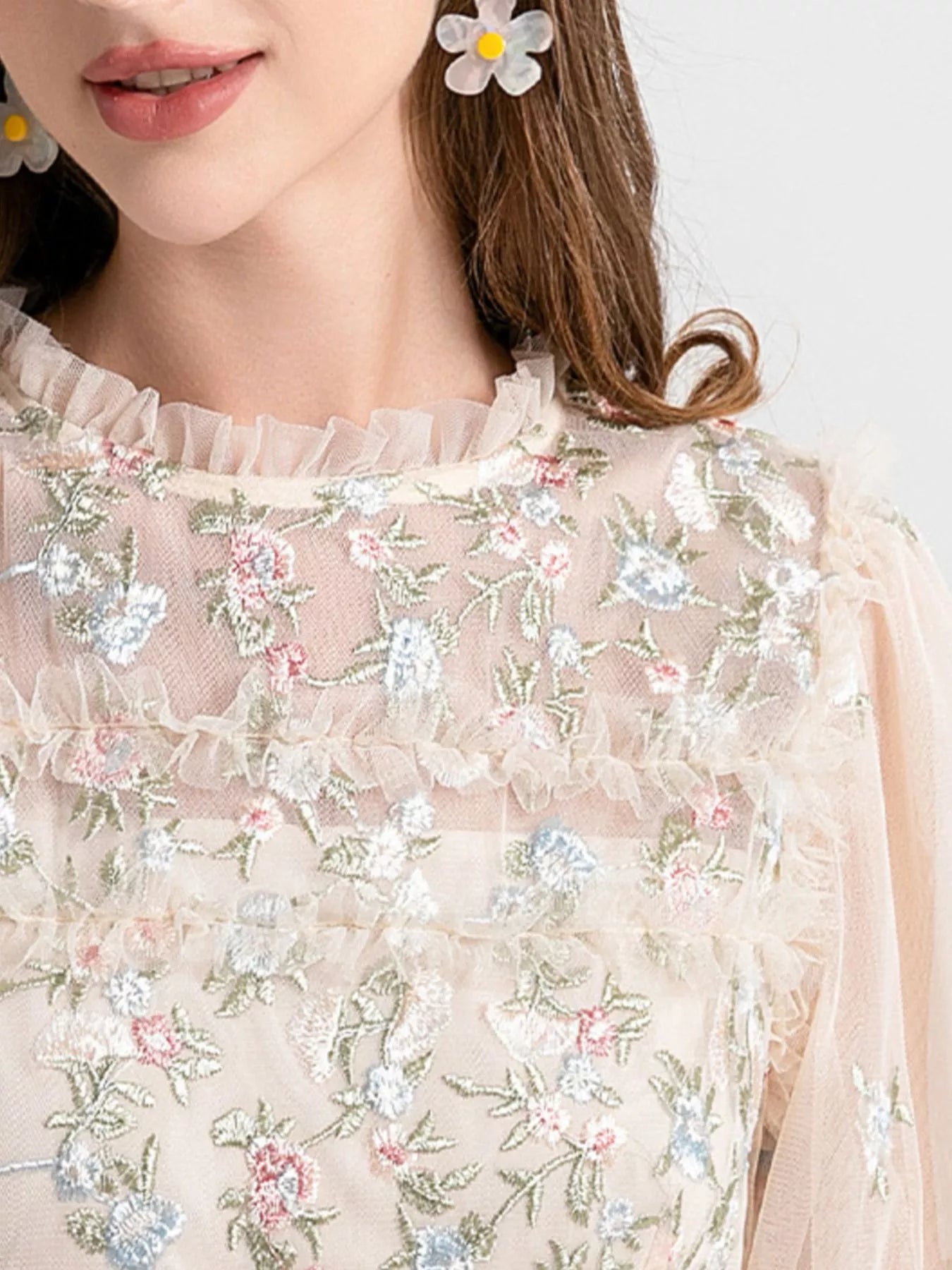 Cedar & Moore Floral Tulle Layered Maxi Dress, blush pink mesh with embroidered lace details