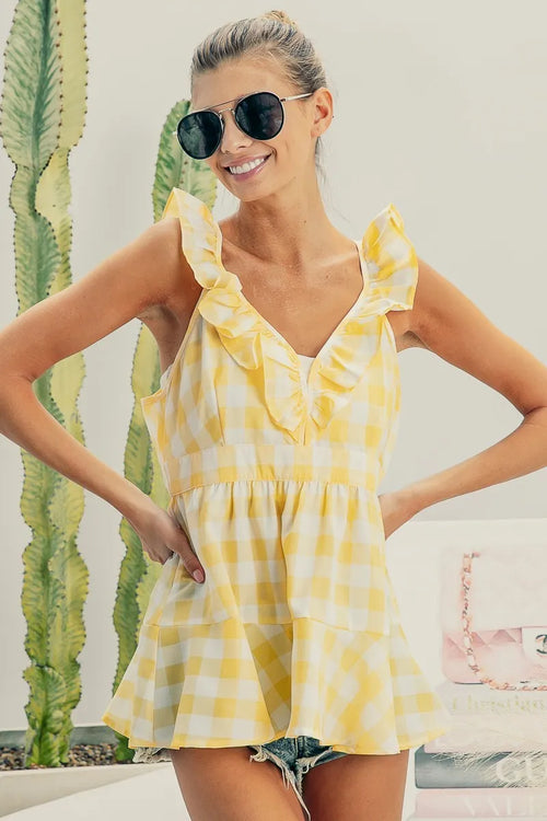Lemon-and-ivory gingham sleeveless peplum top, ruffled neckline and gathered waist