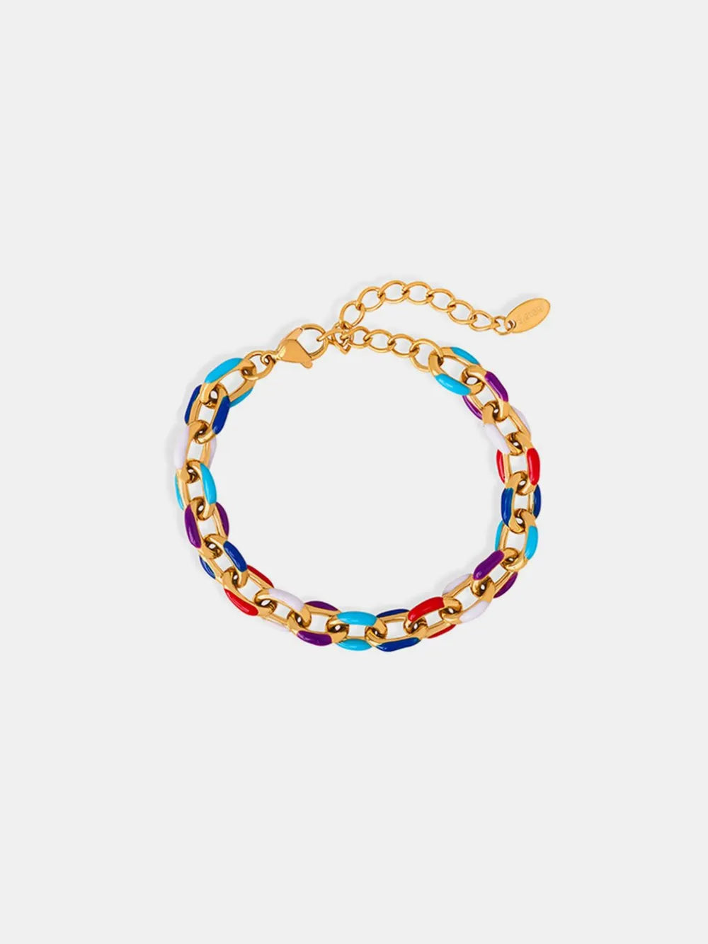 Gold-tone chain bracelet with multicolor oil drip links and lobster clasp