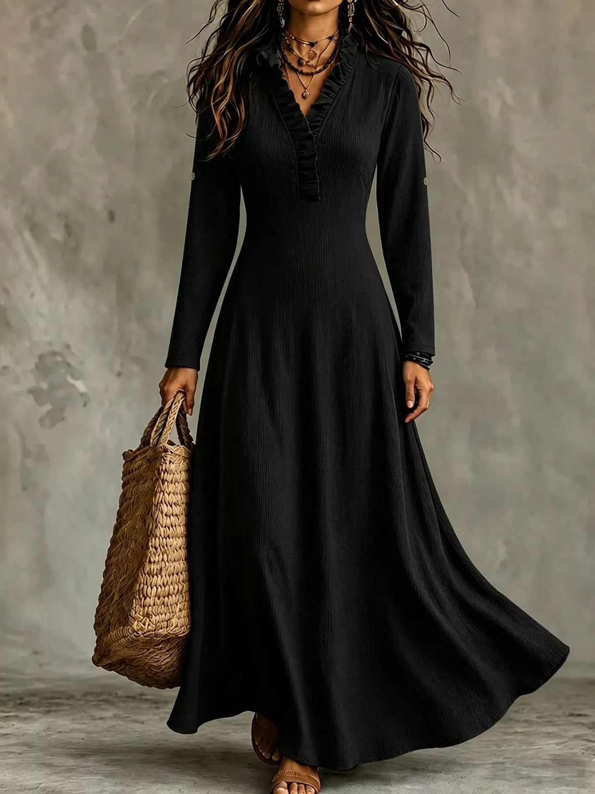 Black ruffled V-neck maxi dress with roll-up sleeves and gathered waist