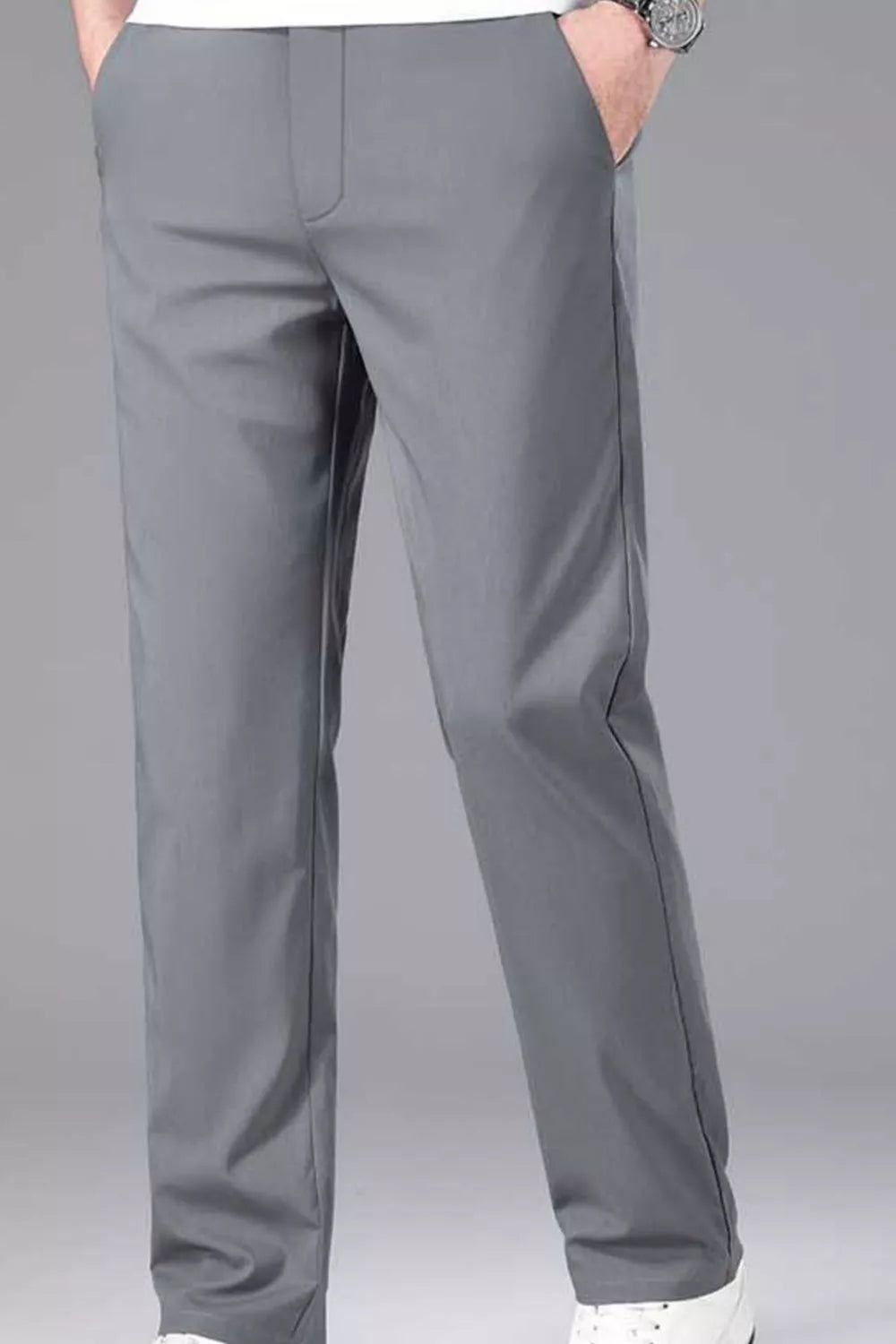 Dark gray straight-leg casual pants with stretch waistband and side pockets