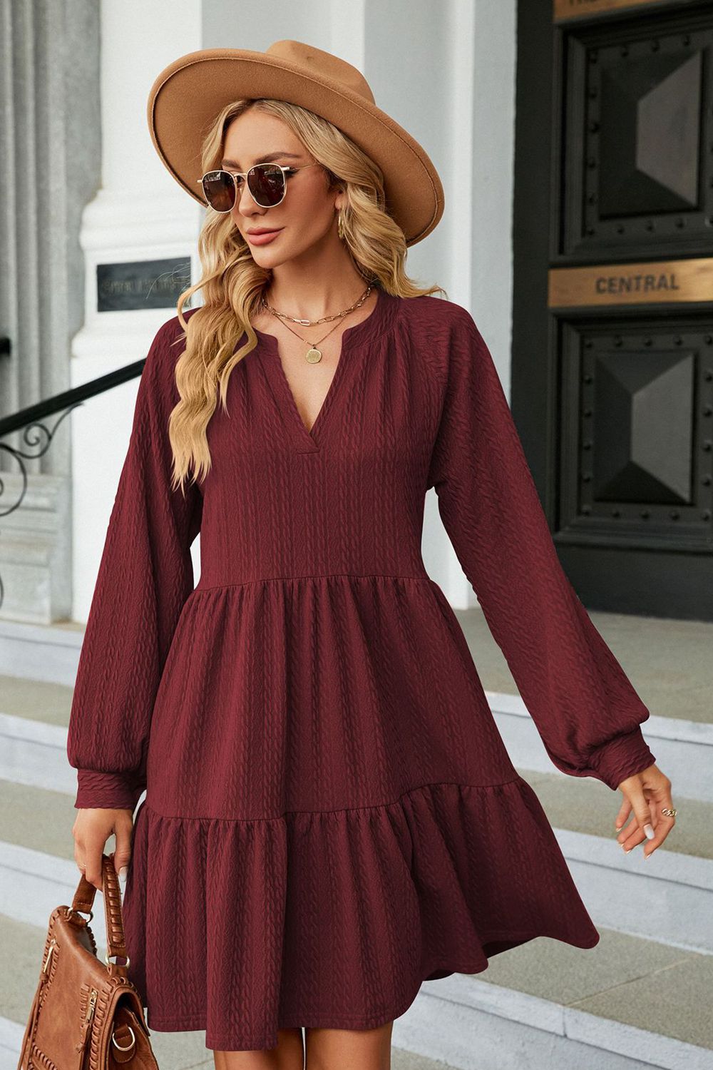 Burgundy notched neck long sleeve mini dress with tiered skirt
