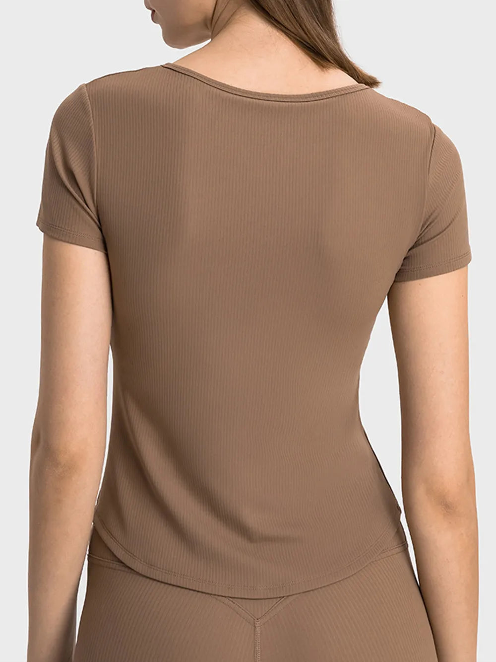 Brown active t-shirt with short sleeves, draped back view