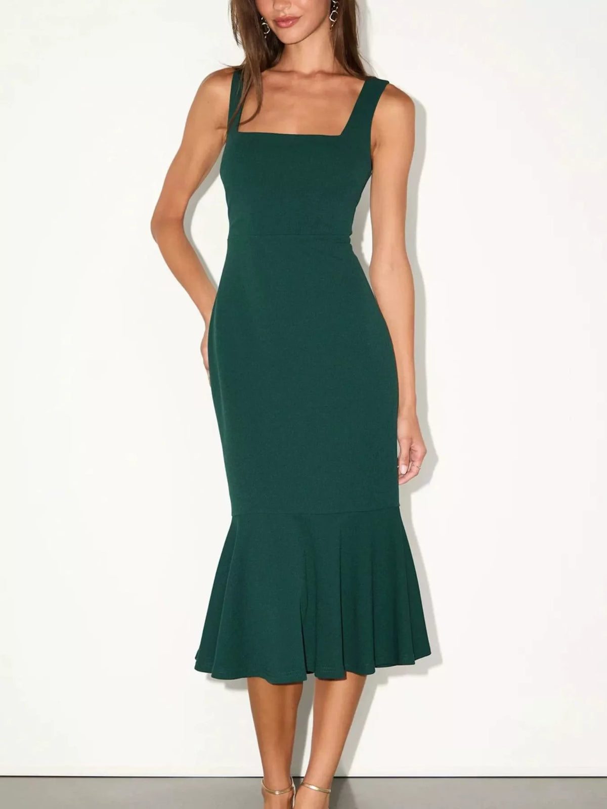 Sleeveless square-neck ruffled midi dress, dark green with fitted bodice and ruffle hem