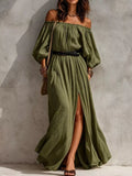 Moss off-shoulder belted maxi dress with long sleeves and side slit, gathered bodice