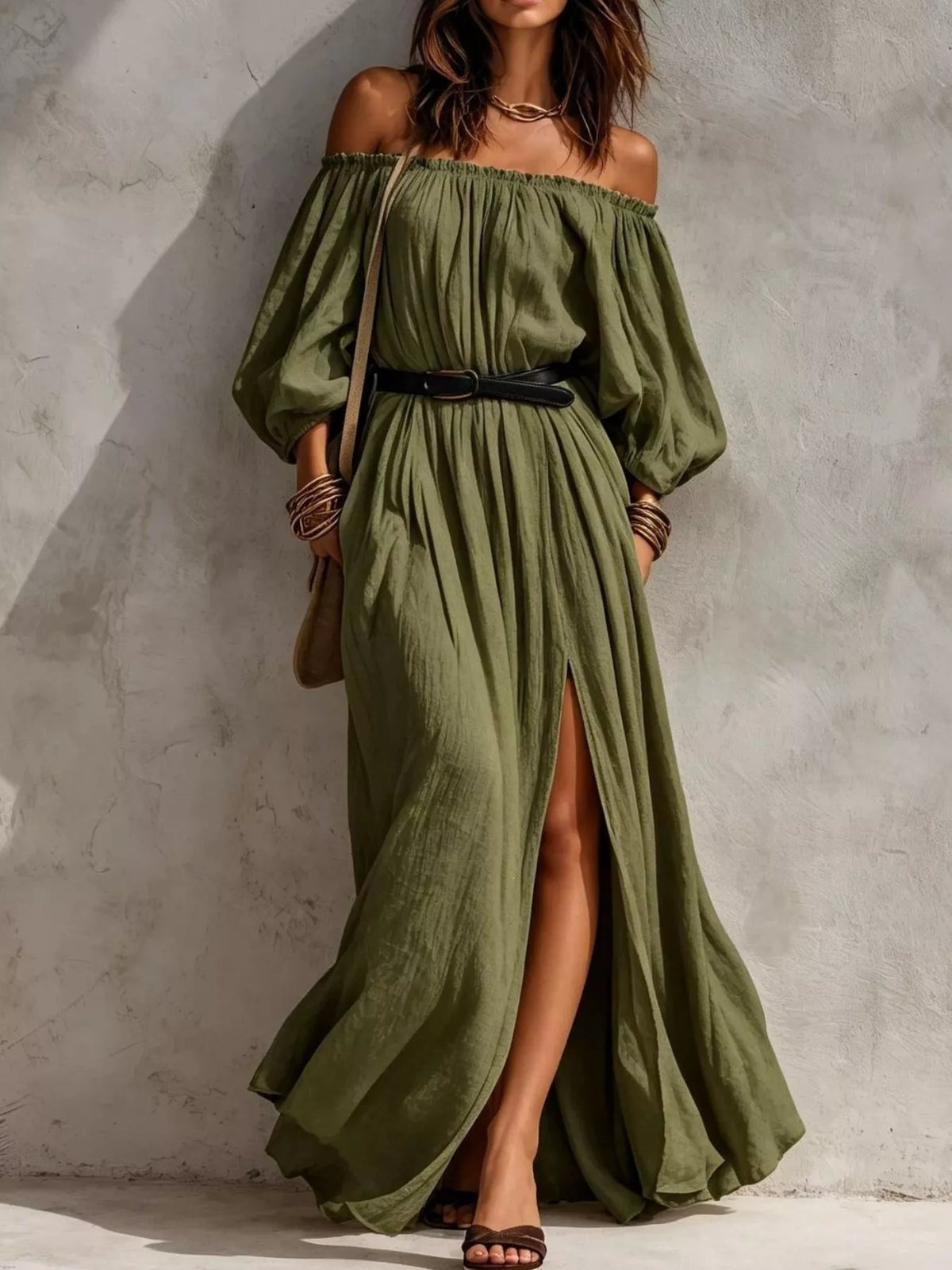 Moss off-shoulder belted maxi dress with long sleeves and side slit, gathered bodice