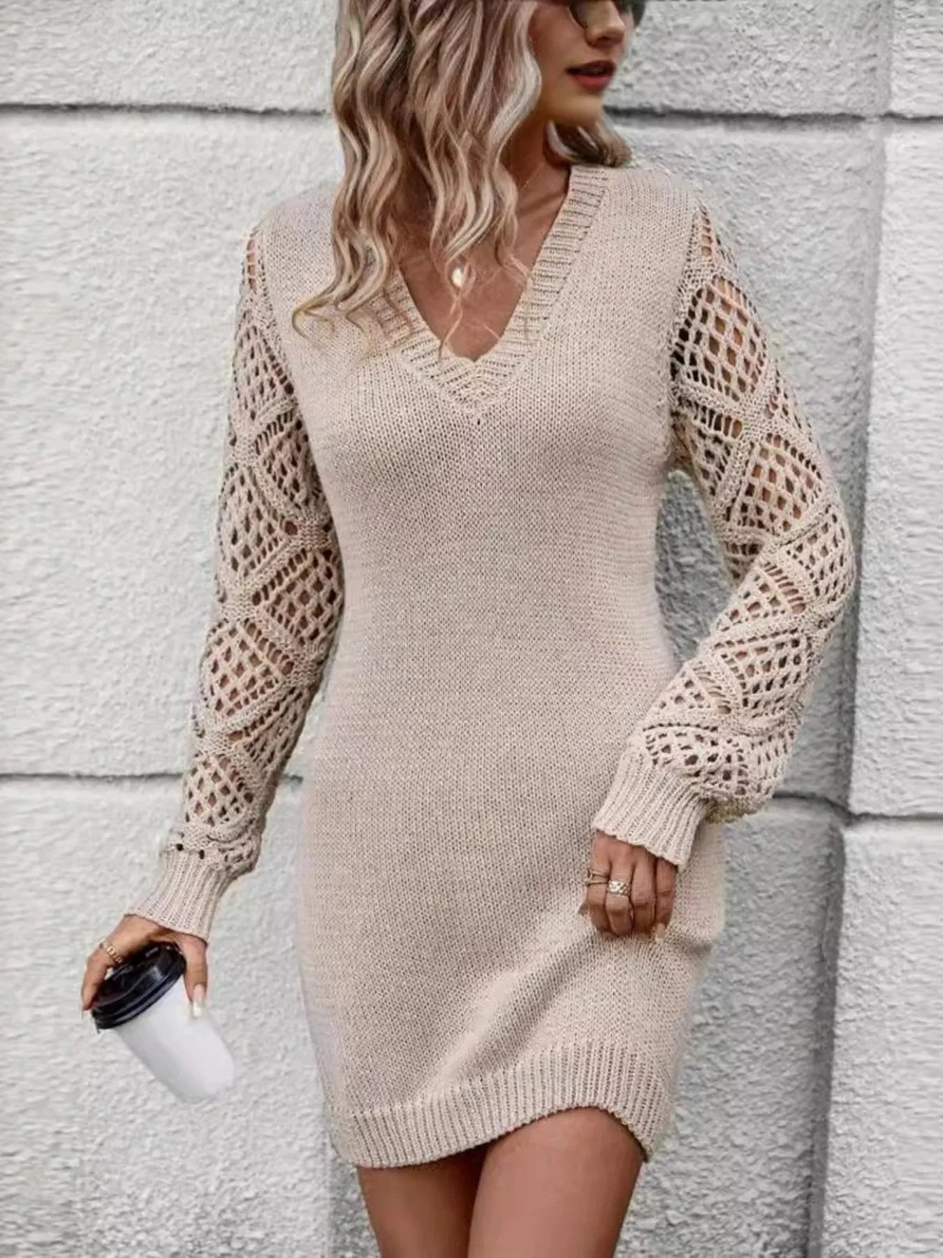 Beige knit sweater dress, V-neck, long hollow-out sleeves