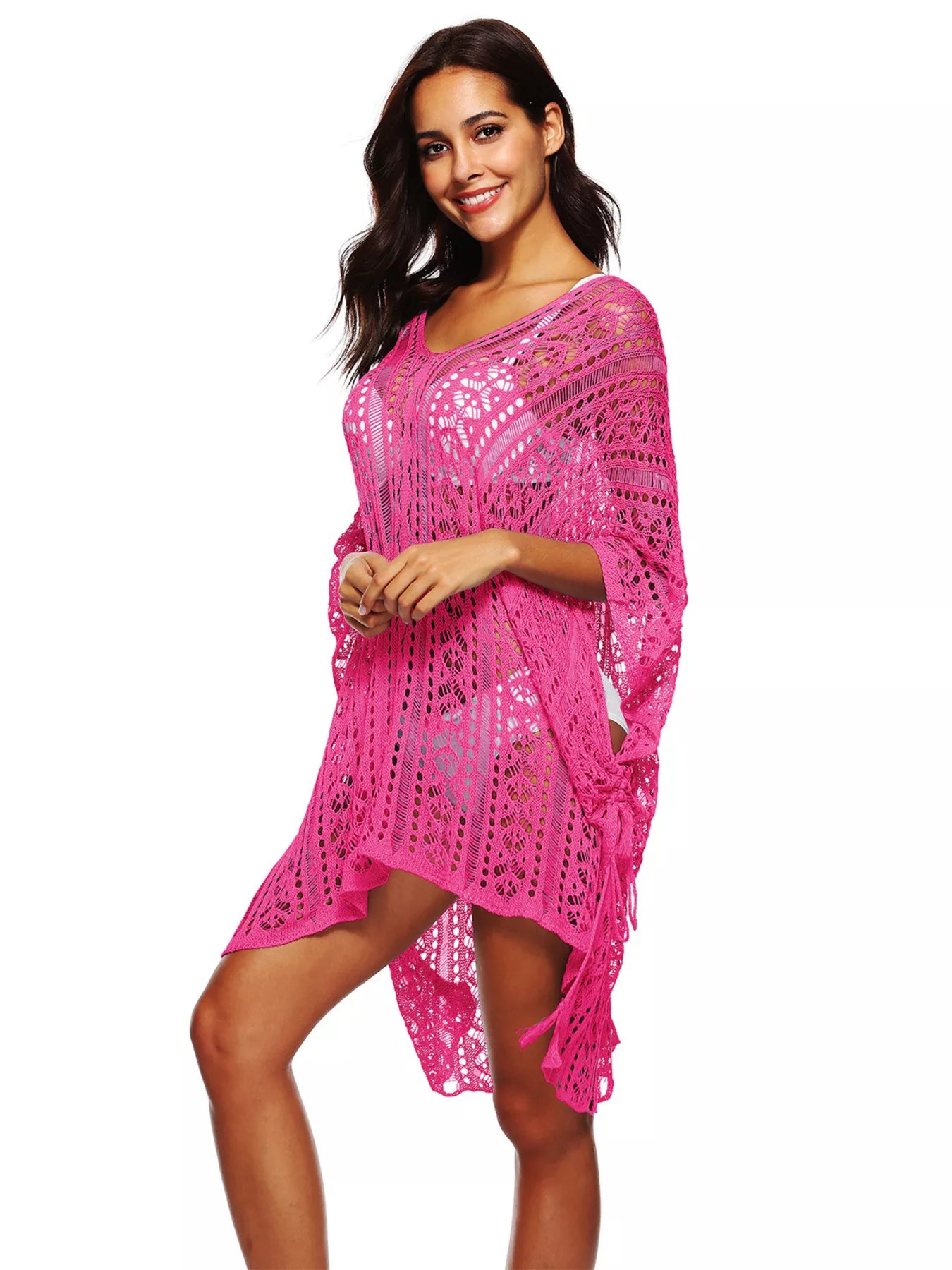 Fuchsia crochet v-neck cover-up with loose sleeves and patterned openwork hem