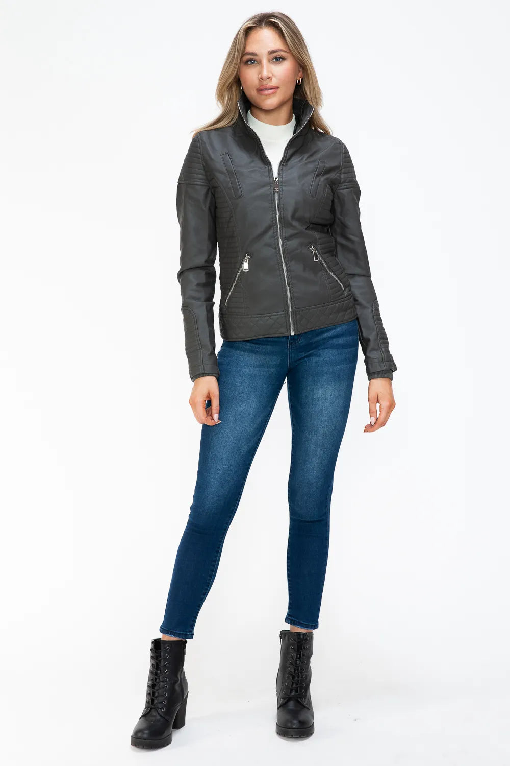 Charcoal double-zipper jacket with stand collar and diagonal seam details