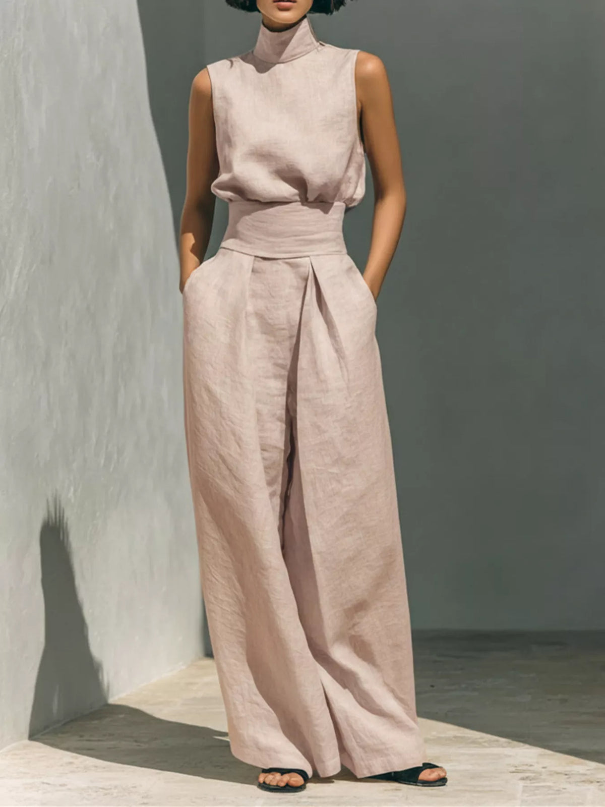 Blush pink sleeveless wide-leg jumpsuit with smocked waist and draped front knot