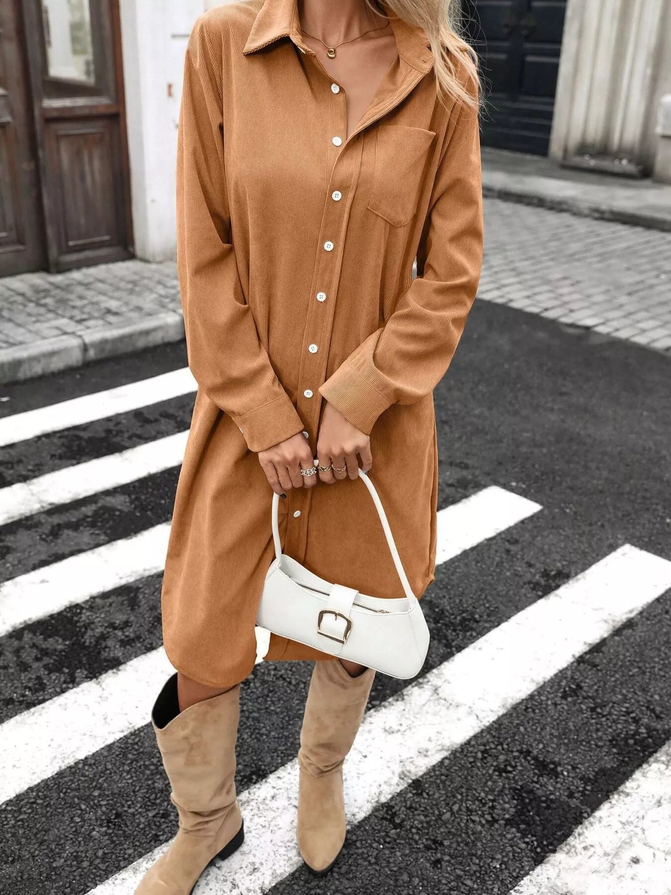 Brown long-sleeve corduroy shirt dress with front buttons and front slit